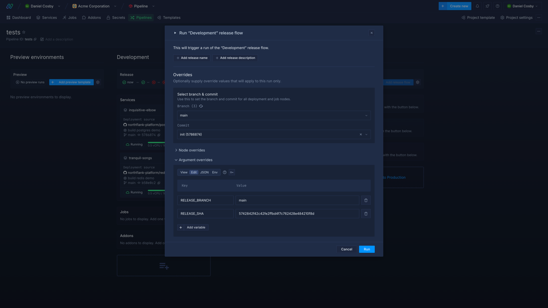 Selecting a commit using a rich input component in the Northflank application