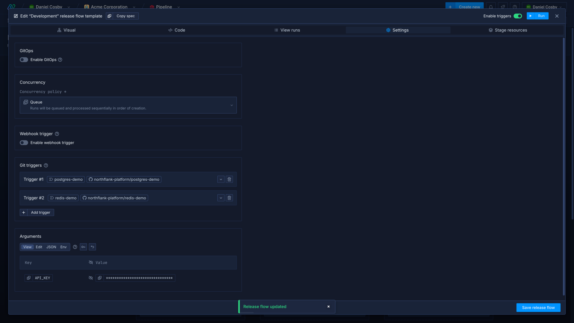 Settings for a release flow in the Northflank application