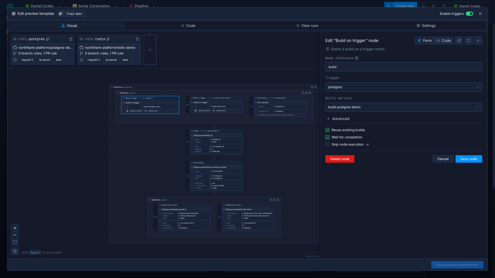 Editing a build on trigger node in a preview environment template using the visual editor in the Northflank application.