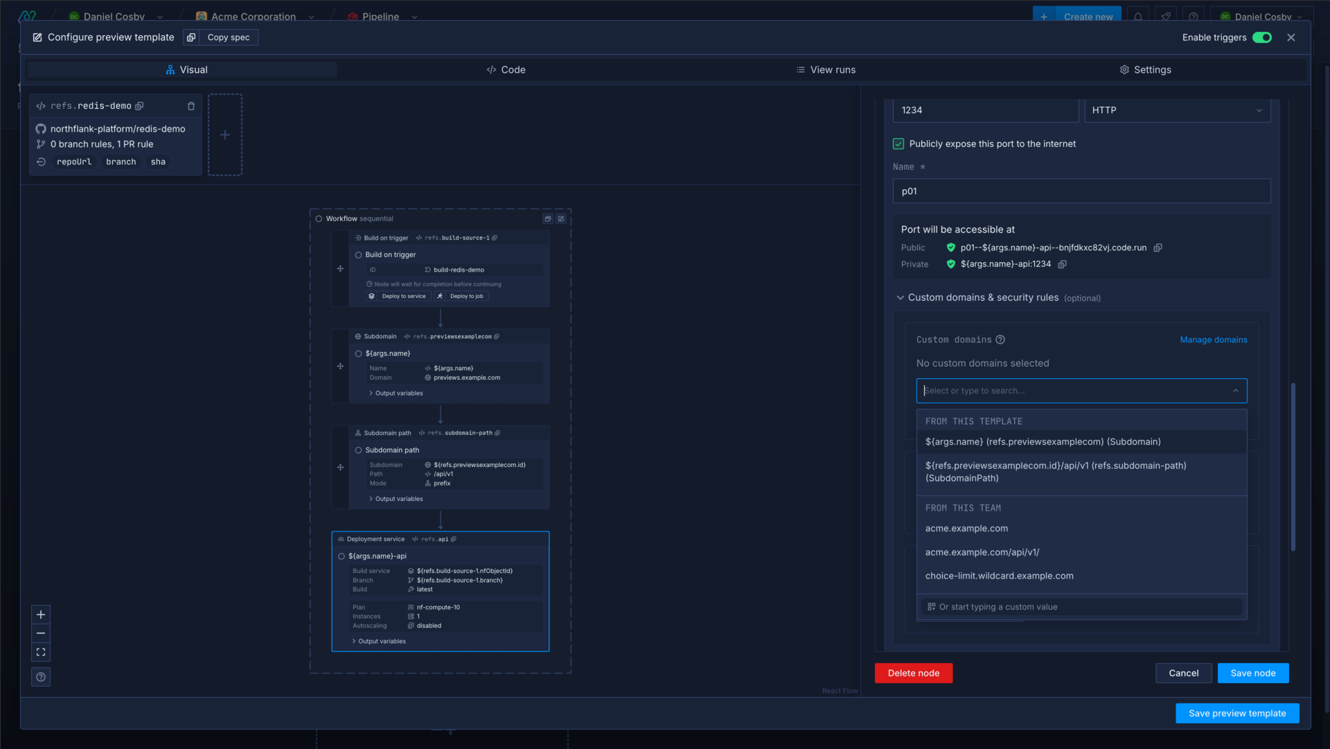 Selecting a dynamic subdomain to assign to a port in the Northflank application