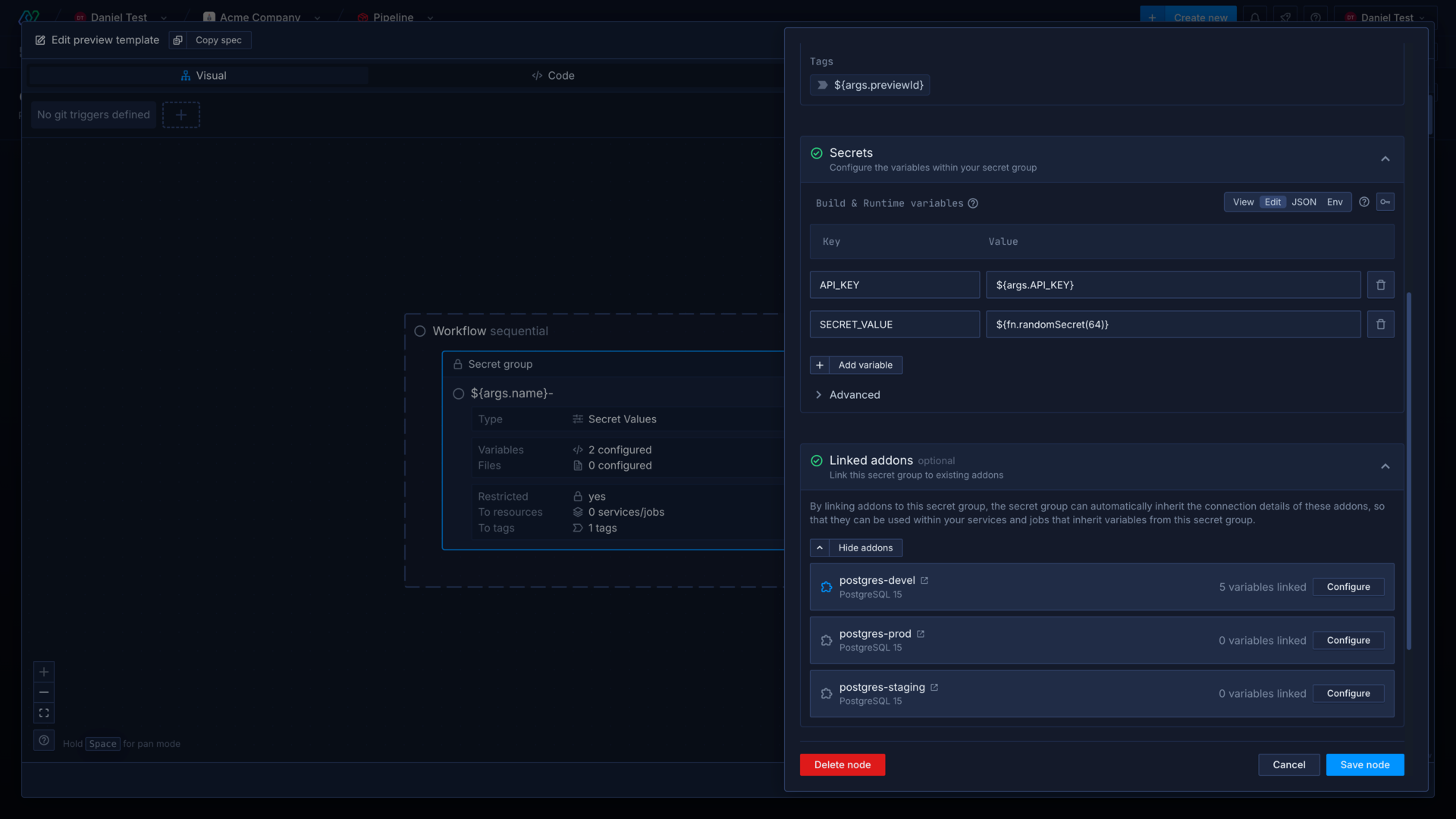 Adding secrets to a group via arguments and functions in a preview environment template in the Northflank application