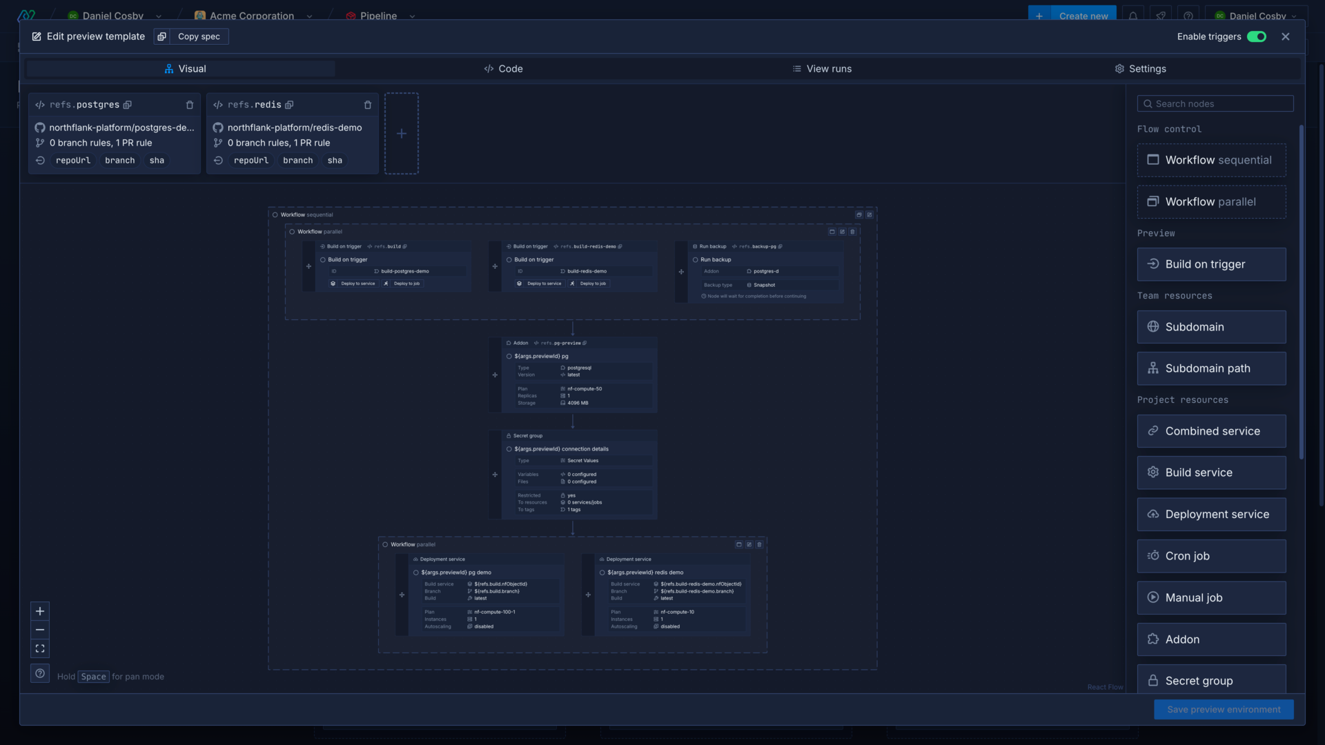 A preview environment template in the visual editor in the Northflank application.