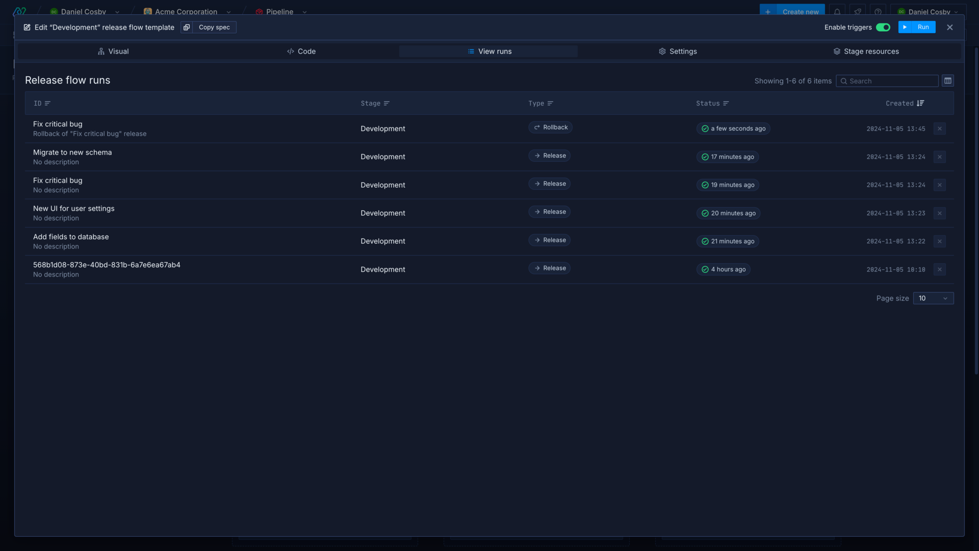 A list of release flow runs and rollbacks in the Northflank application