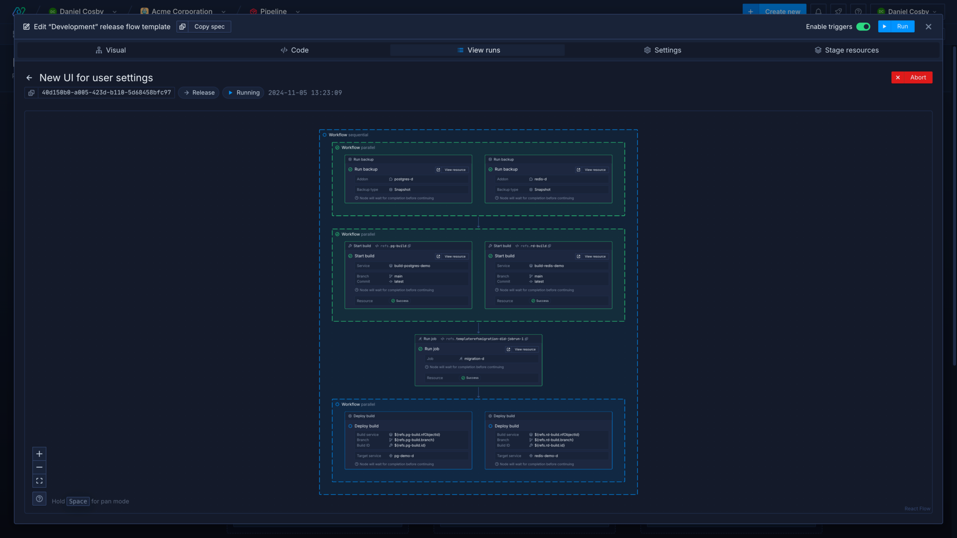 An example of a release flow run in the Northflank application