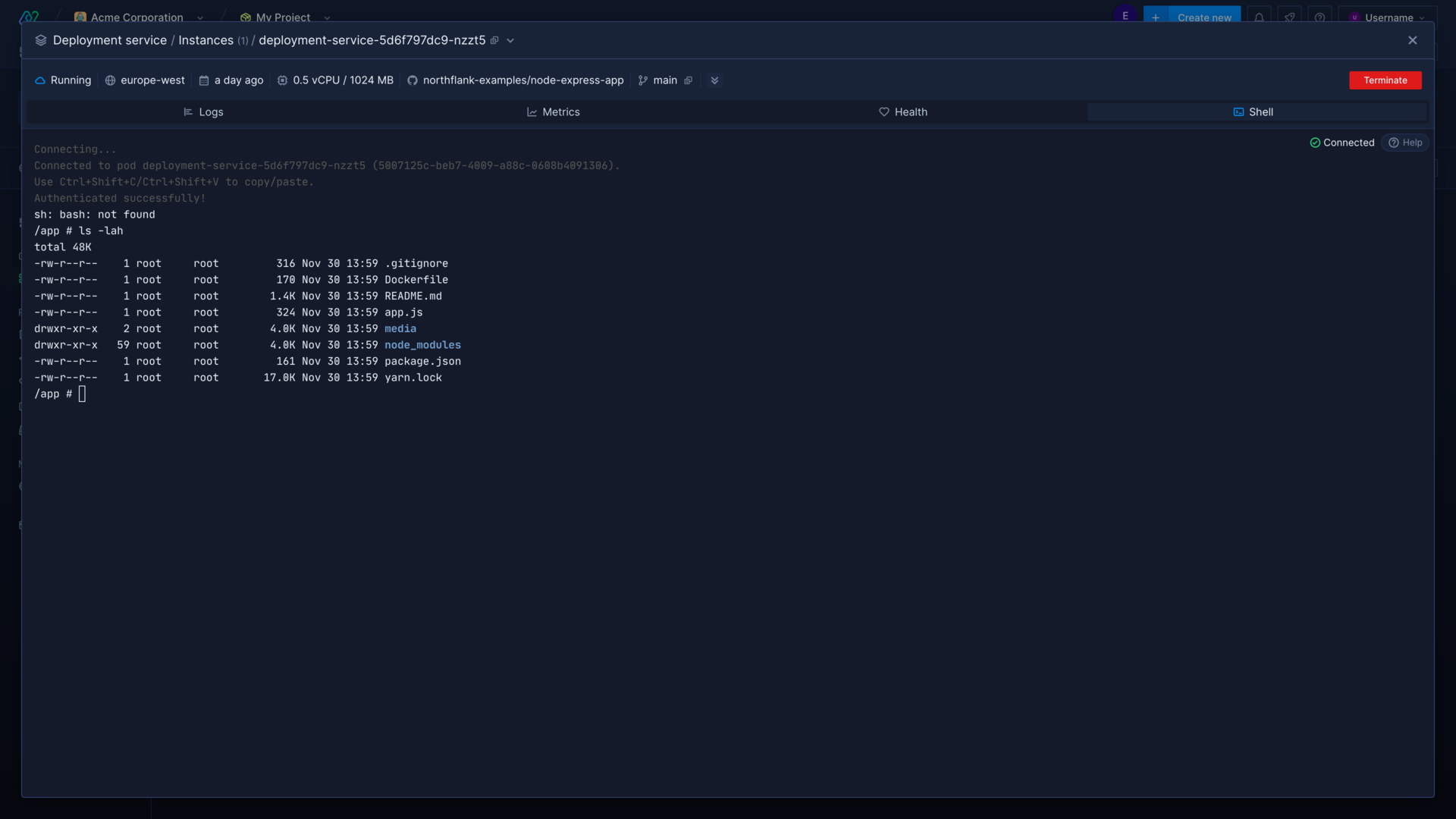 Accessing a container shell in the Northflank application