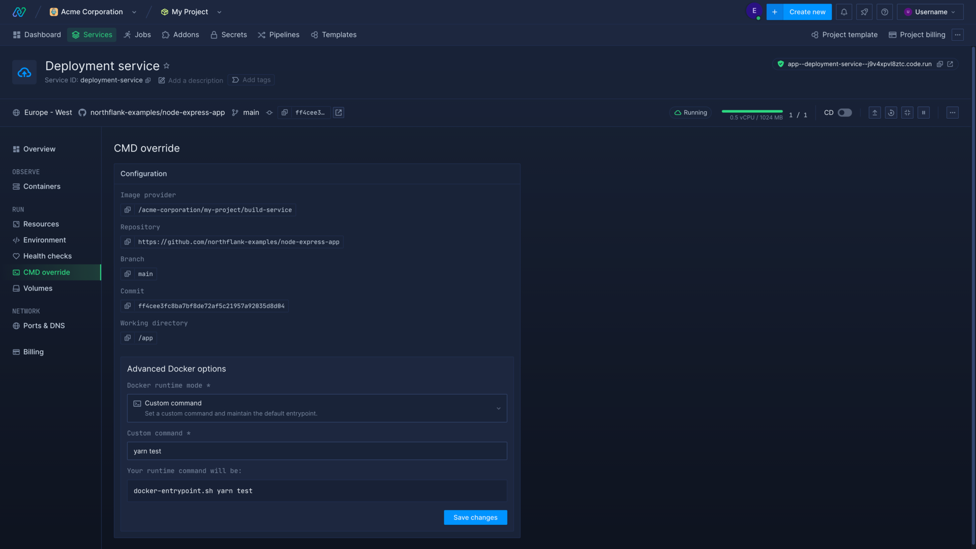 Command and entrypoint override page in the Northflank application