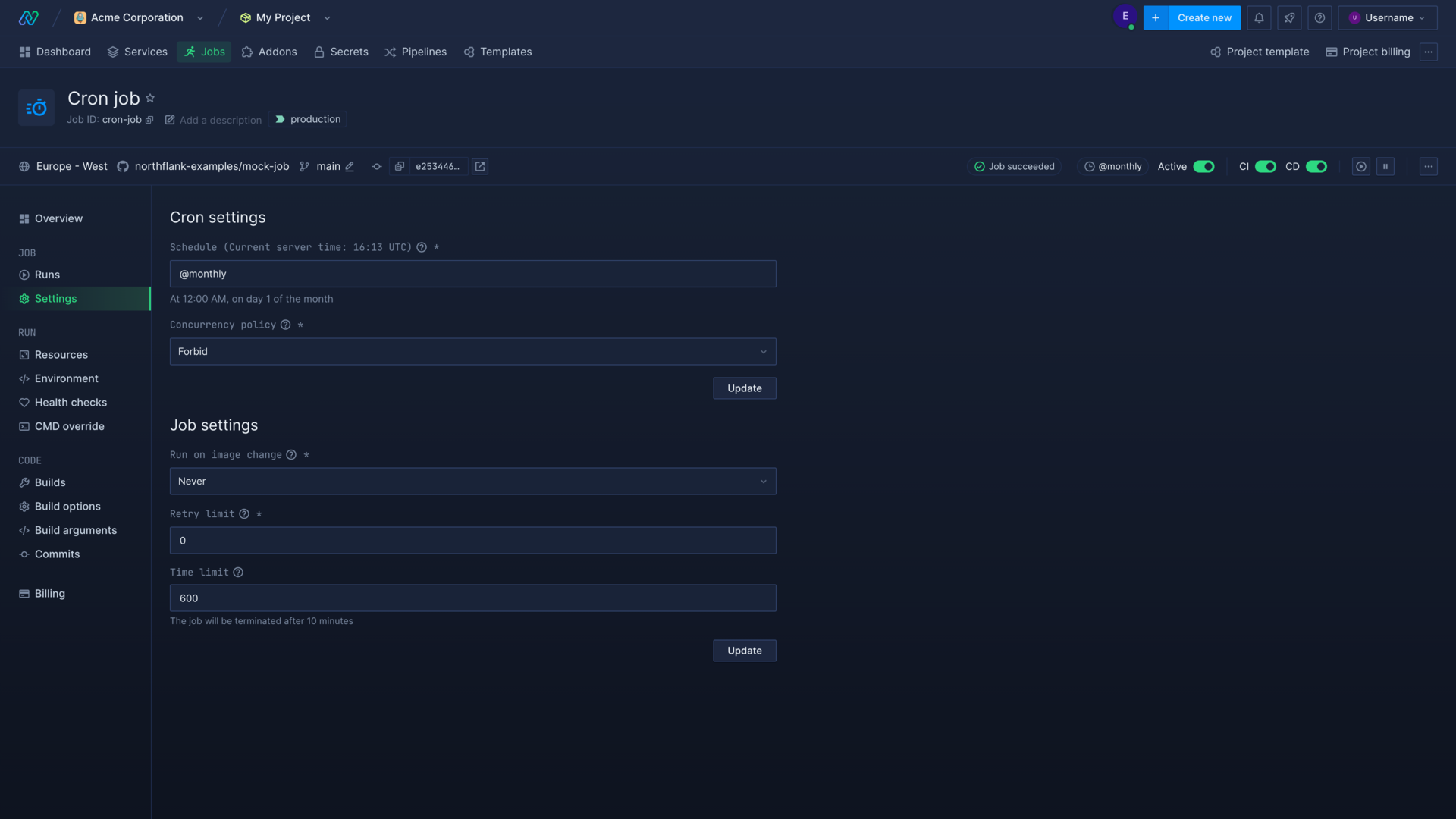 Cron job settings in the Northflank application