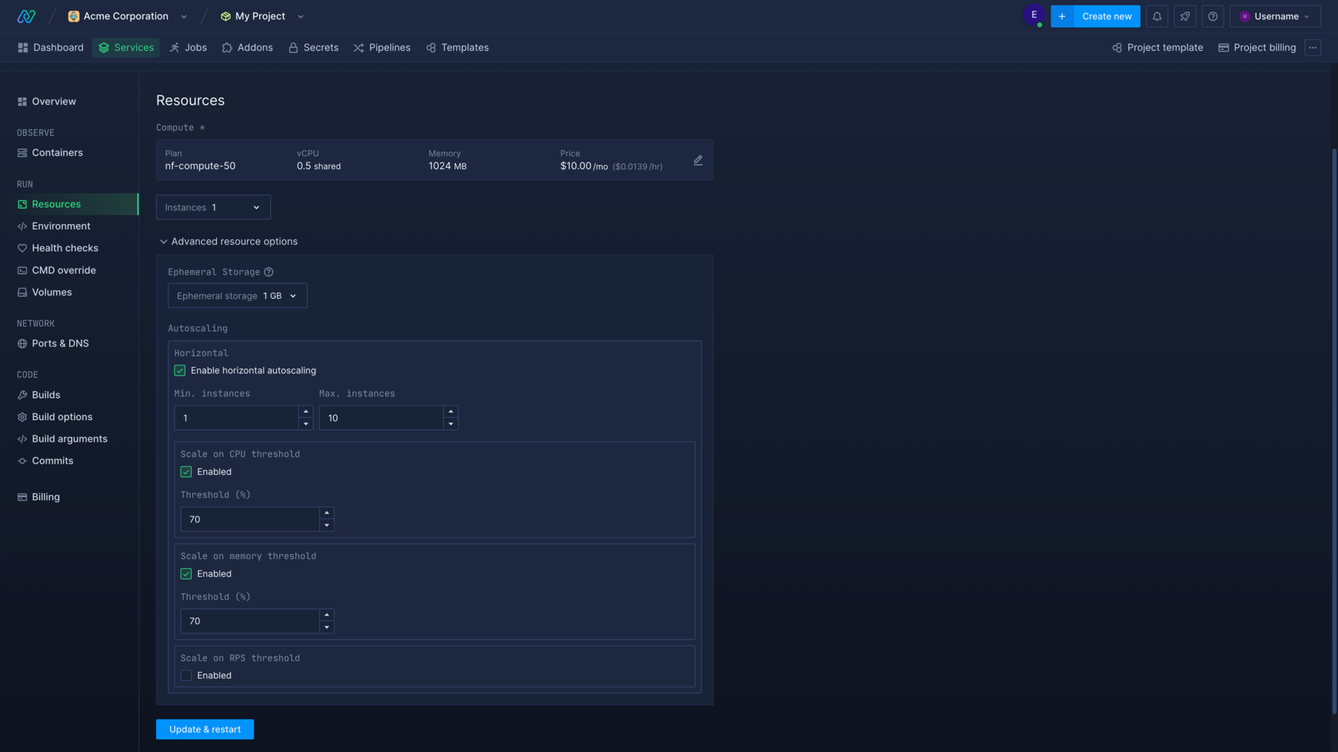 The horizontal scaling form for a deployment in the Northflank application