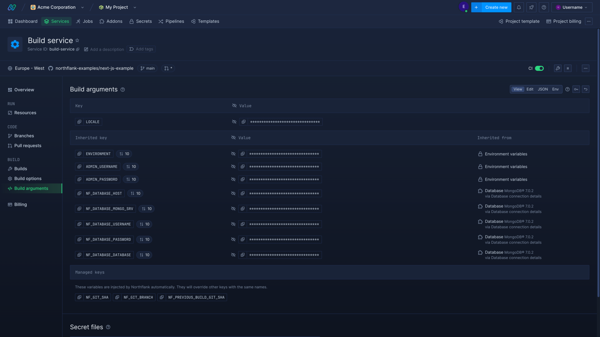 Setting build arguments in the Northflank application