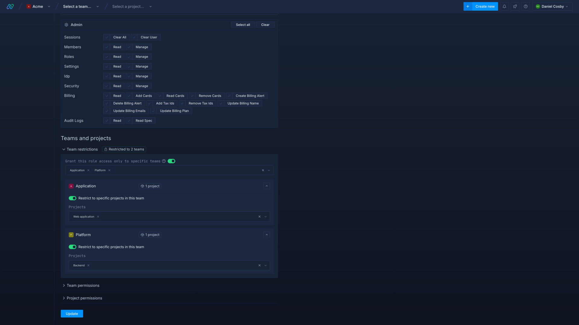 Restricting an organisation role to certain projects within selected teams in the Northflank application