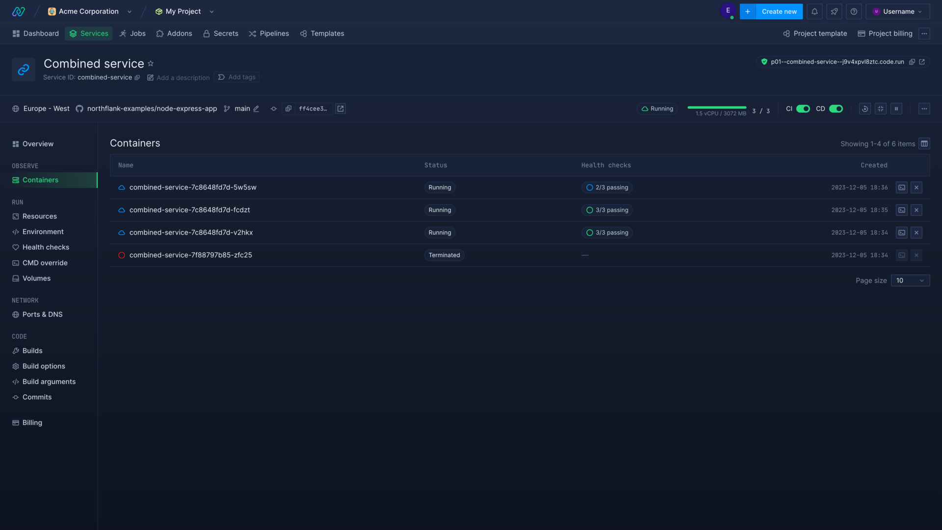 A list of running and terminated containers in the Northflank application