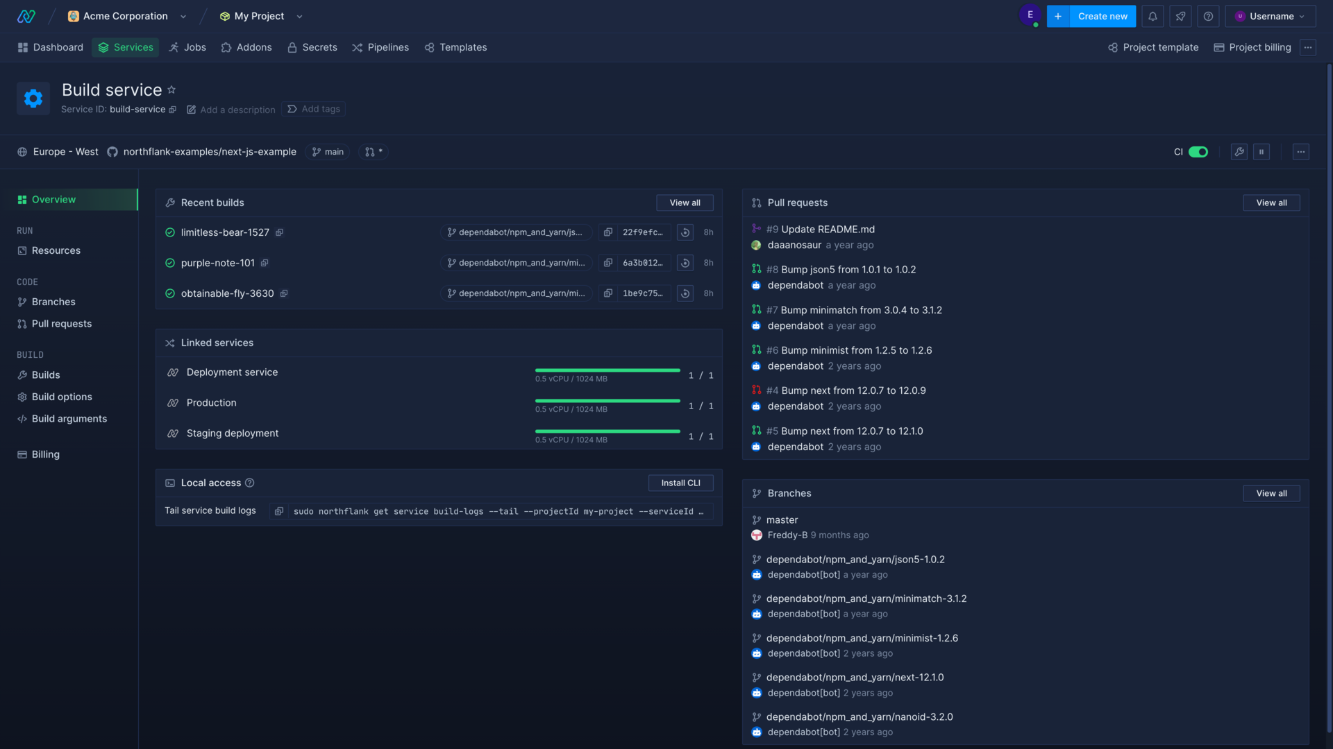 A build service with CI enabled in the Northflank application