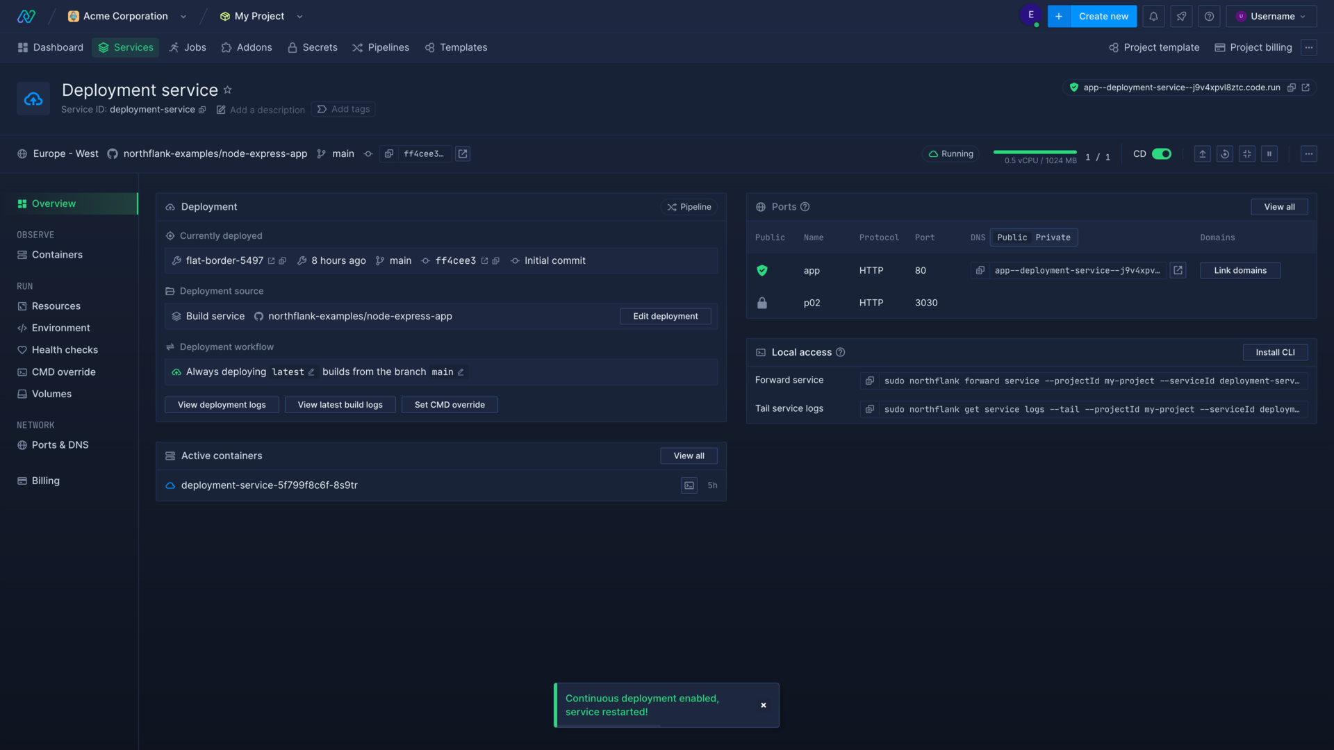 A deployment service with CD enabled in the Northflank application