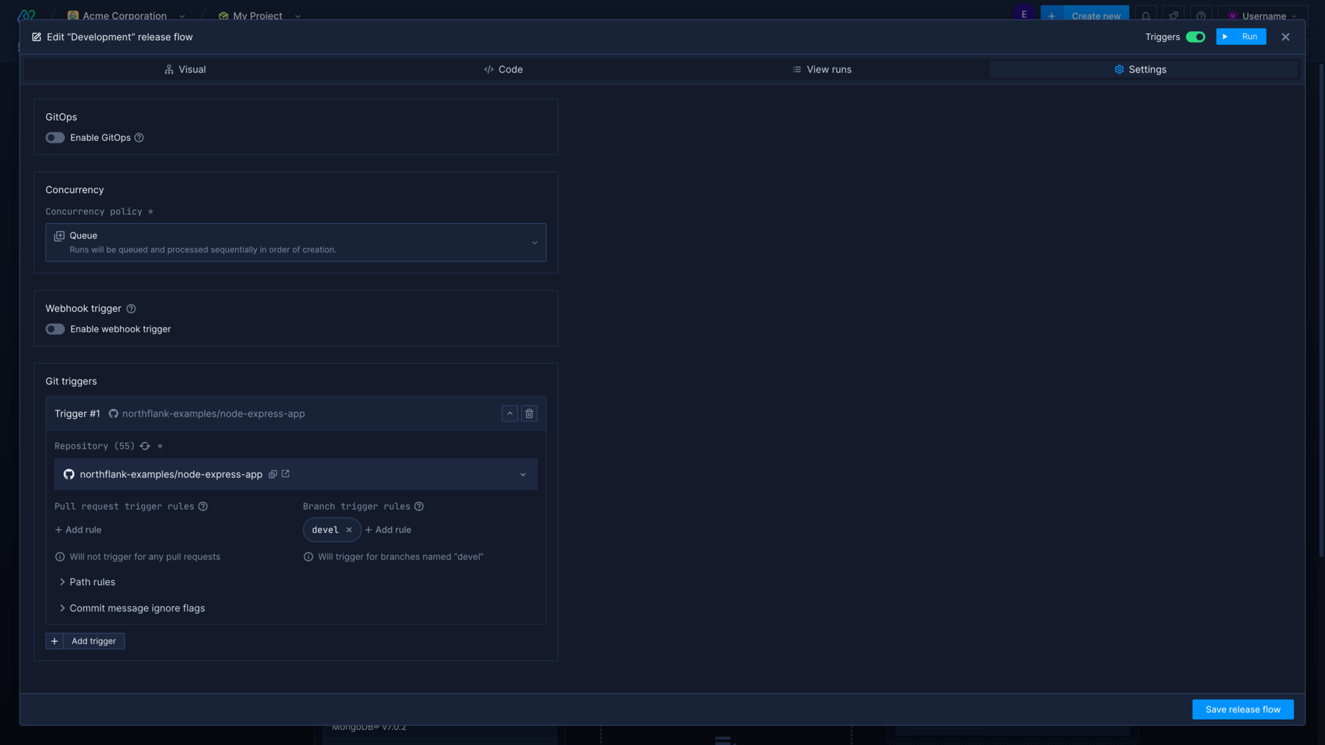 Git trigger settings for a release flow in the Northflank application