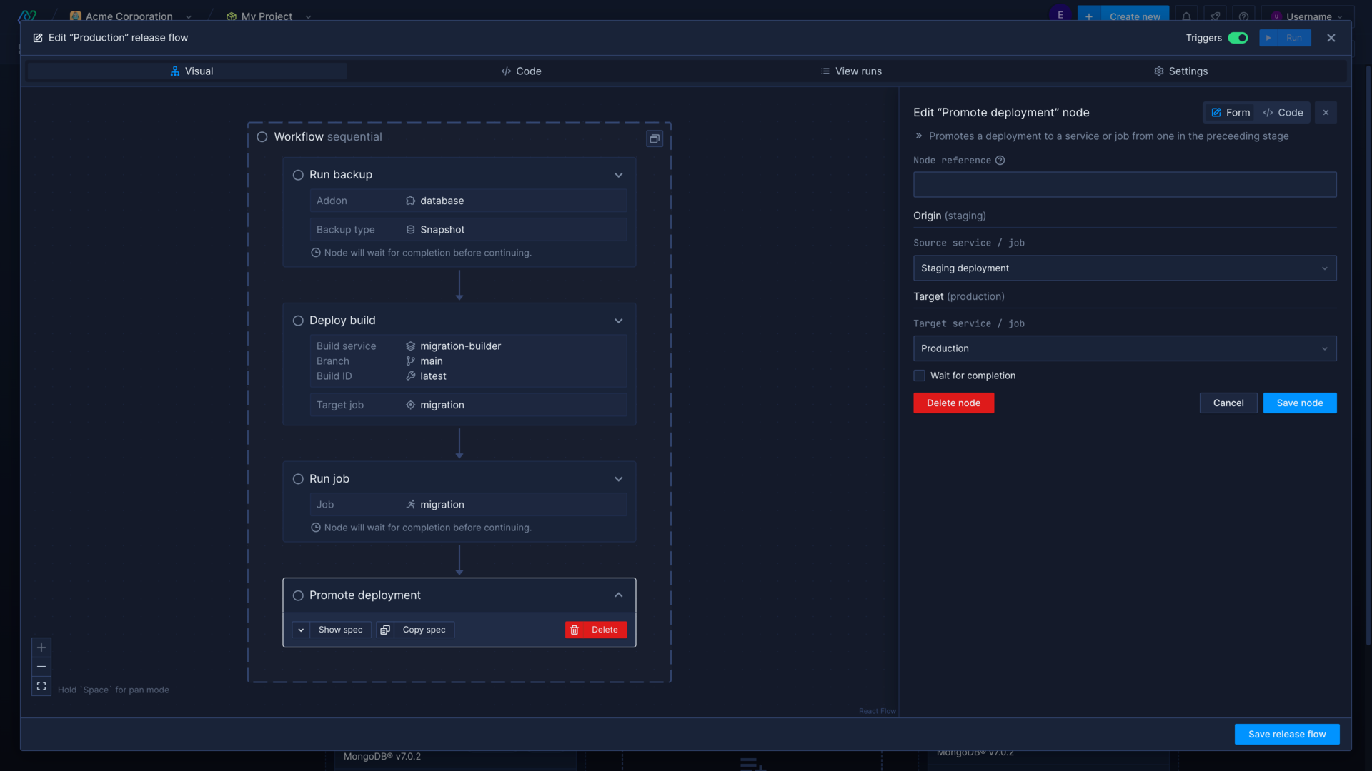 A promote deployment node in a release flow in the Northflank application