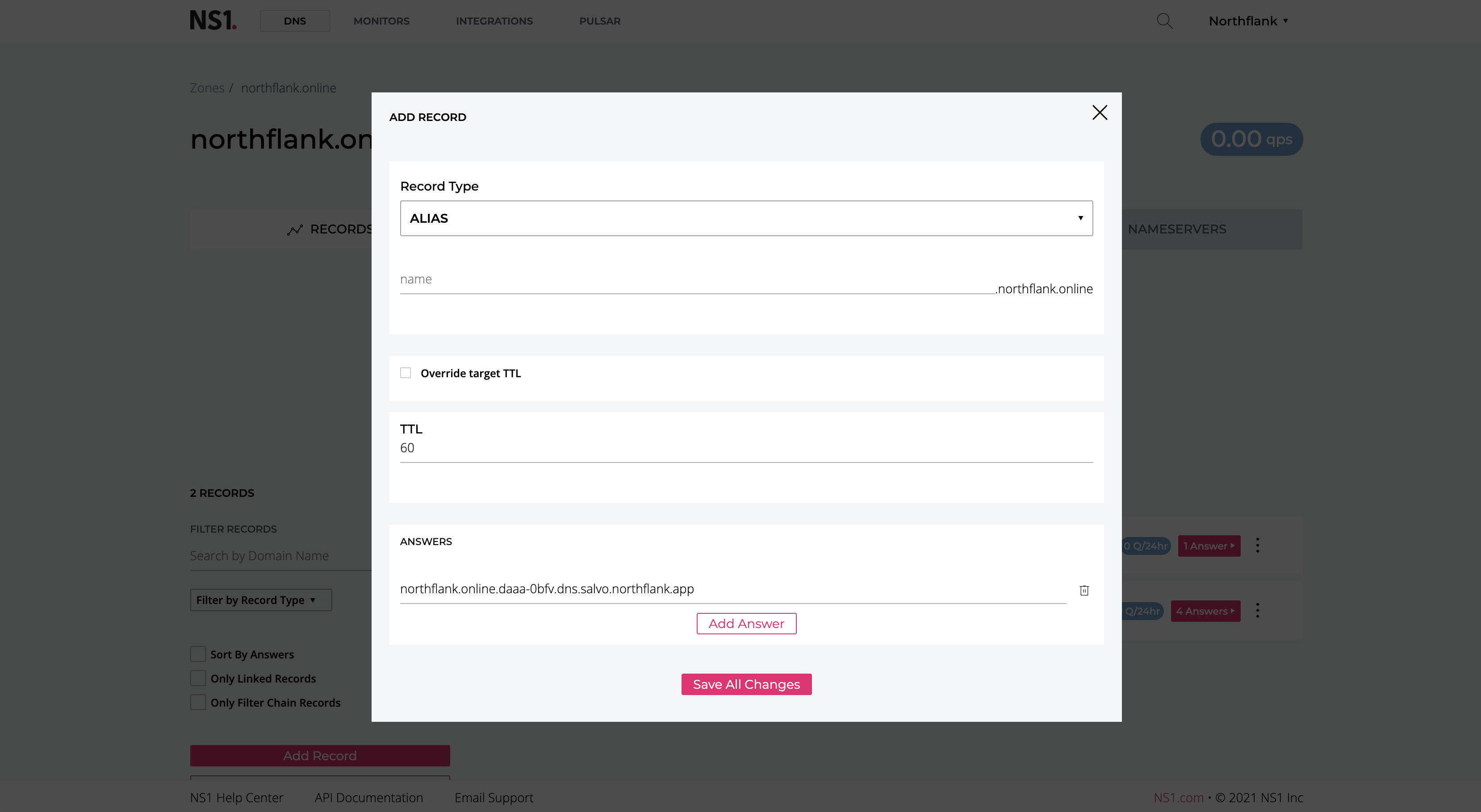 Adding a CNAME record to link an apex domain on NS1