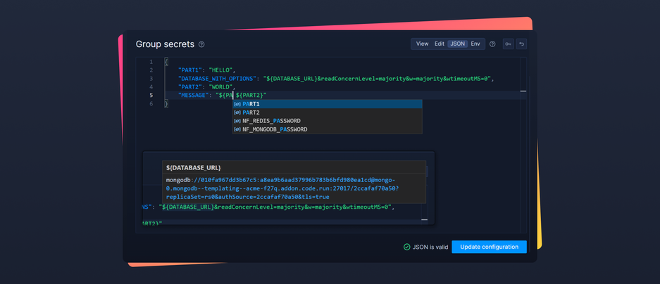 Header image for changelog: Environment and Secret Templating