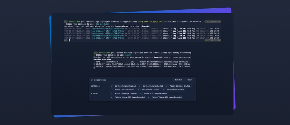 Header image for changelog: Introducing Infrastructure Alerts and Logs & Metrics via CLI/API
