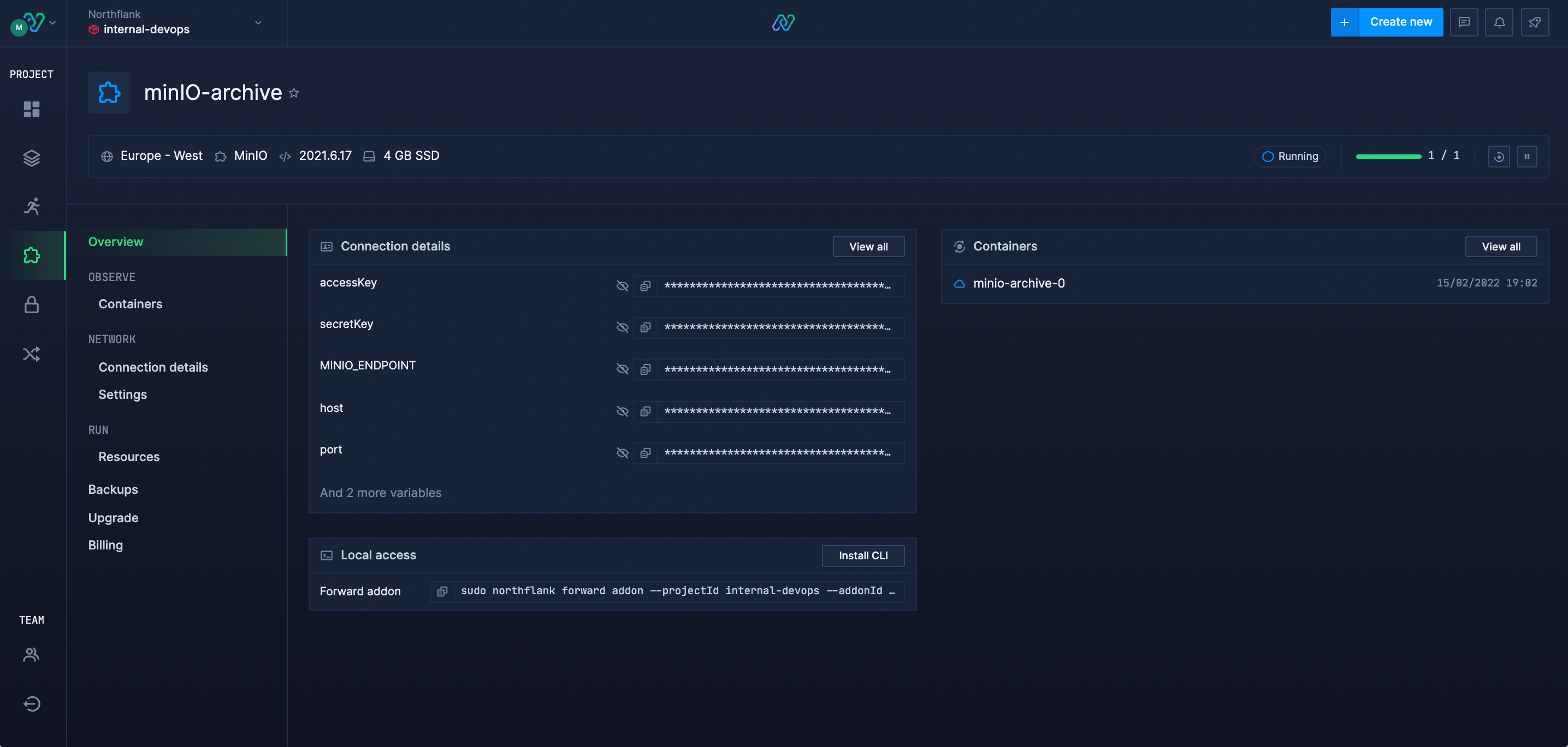 MinIO on Northflank dashboard