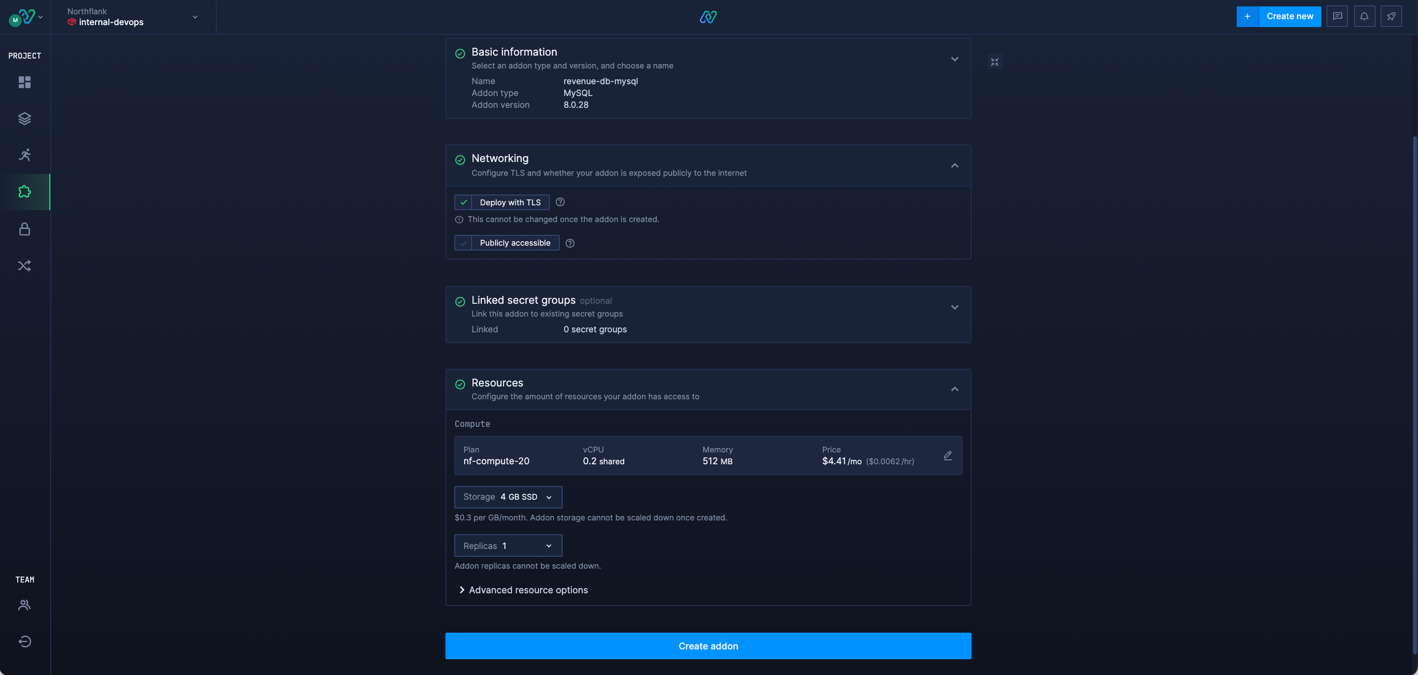 MySQL creation on Northflank dashboard