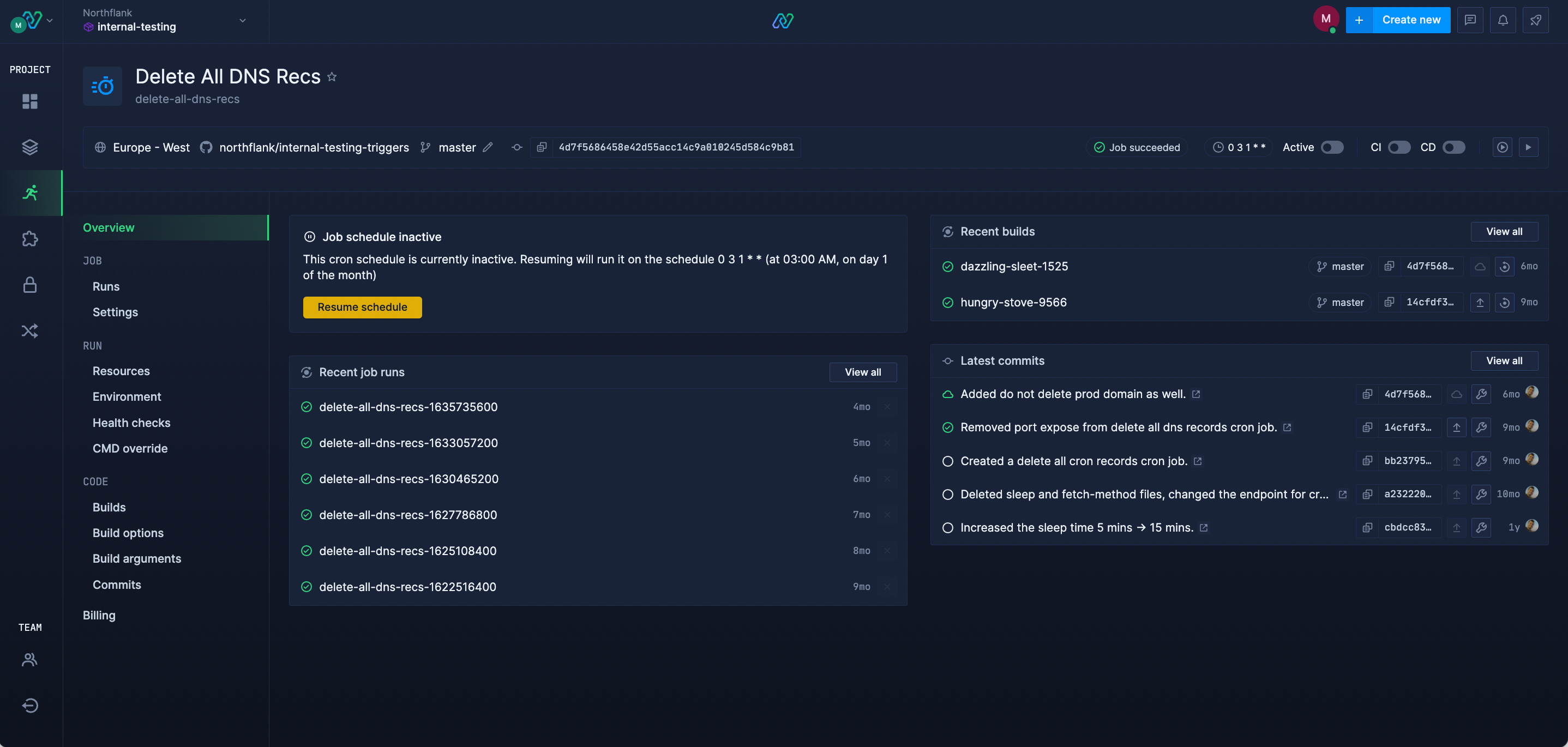 Northflank UI displaying a cron job configuration screen, including schedule details, recent job runs, build history, and associated git commits for a background job