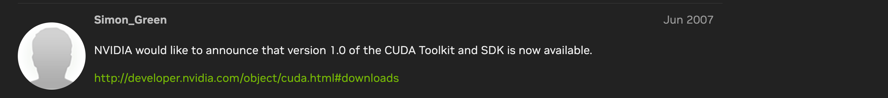 Screenshot of Nvidia’s 2007 forum post announcing CUDA Toolkit 1.0 release