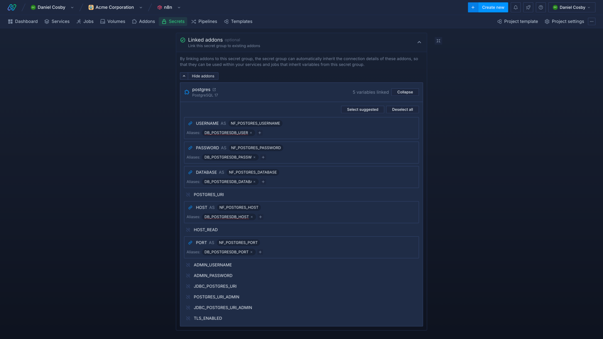 Linking database connection details to environment variables in Northflank