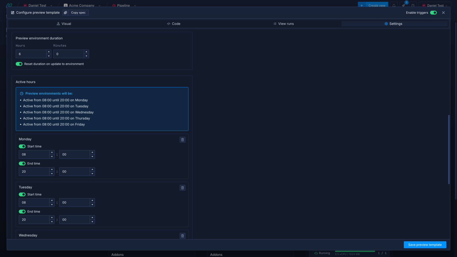 Northflank UI showing configuration for preview environment duration and weekday active hours