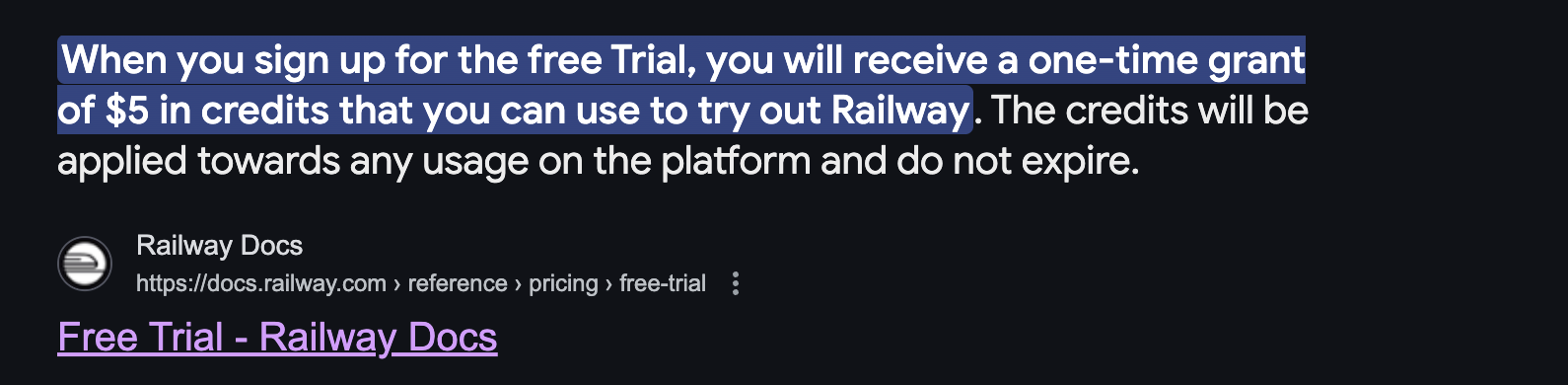 Railway documentation showing one-time $5 free trial credit