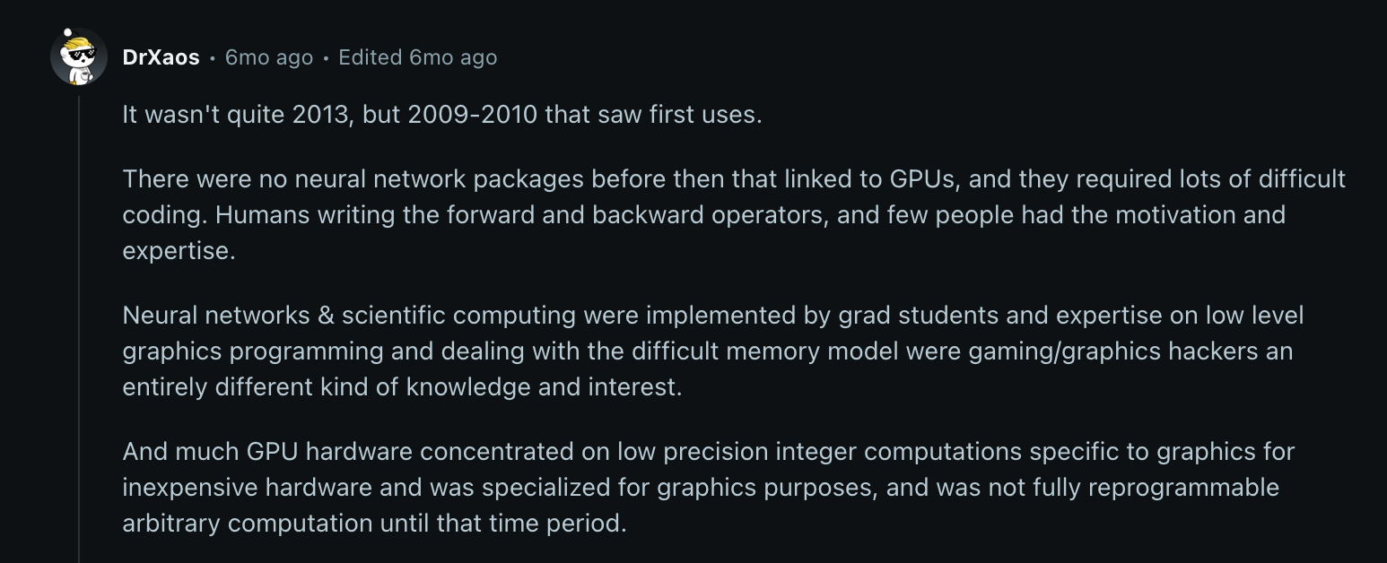 Reddit comment describing early GPU use for non-graphics tasks before mainstream adoption