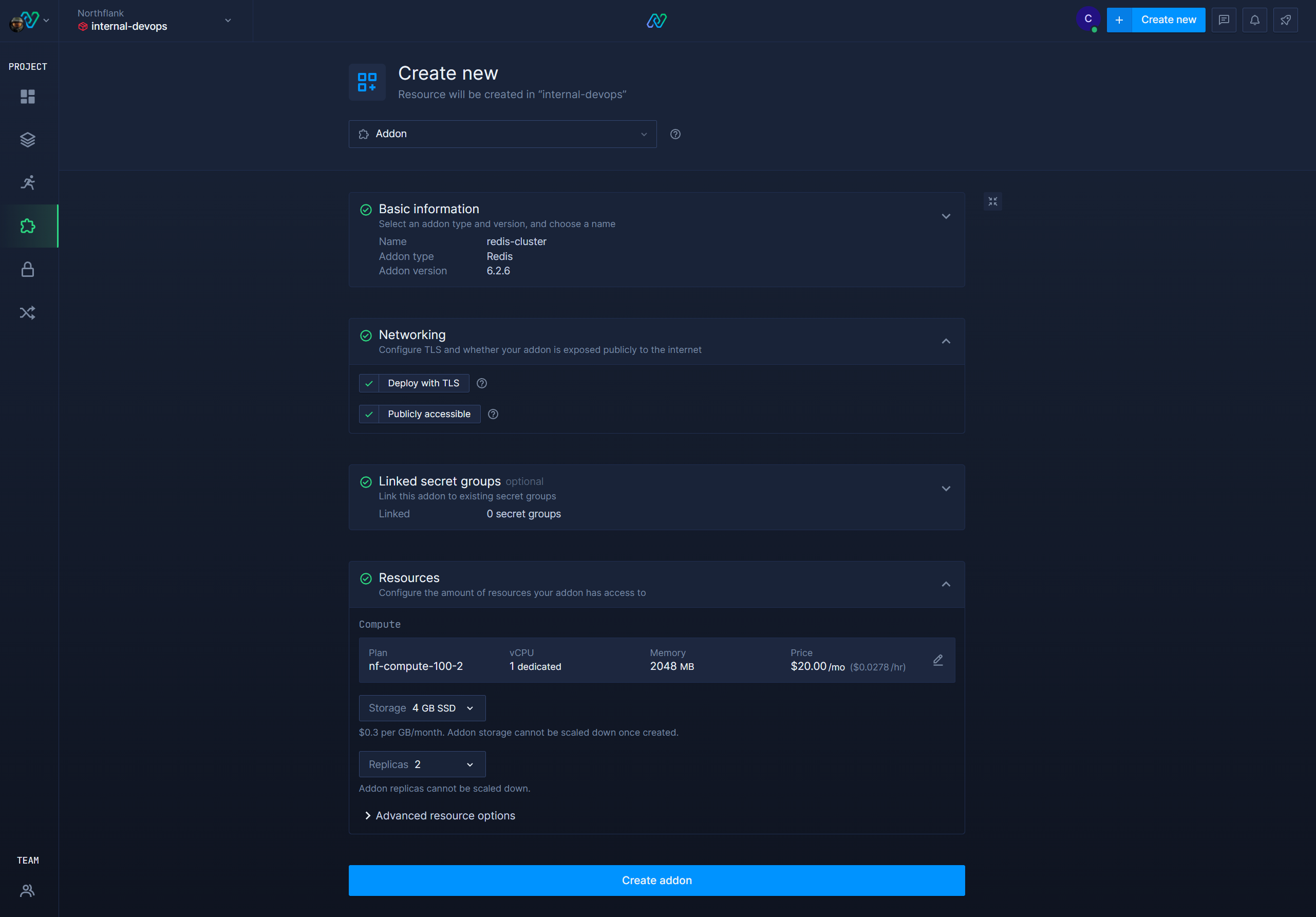 Redis creation on Northflank dashboard