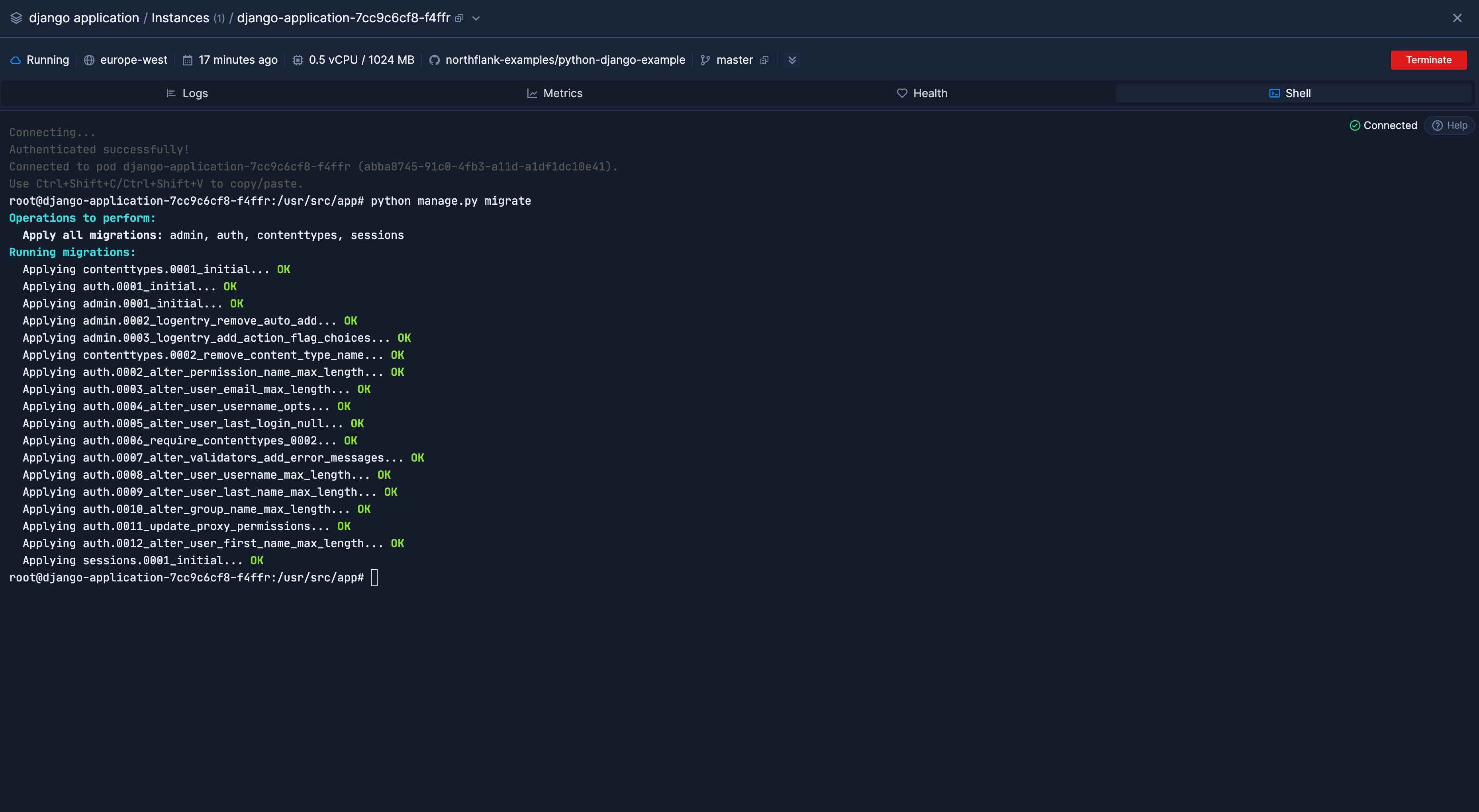 Executing a migration using a shell in a deployment container