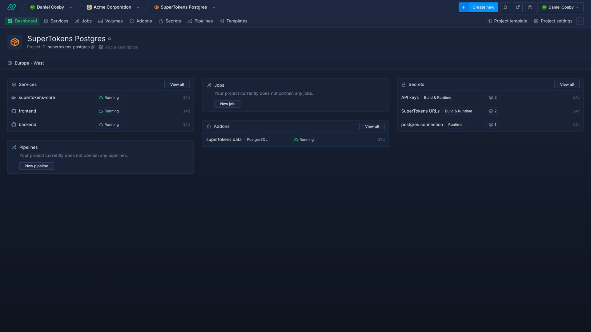 A starter SuperTokens project deployed from the Northflank stack template